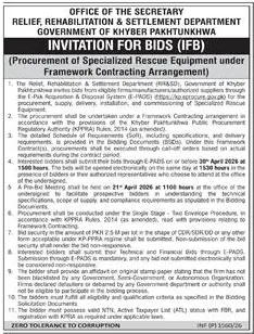 Newspaper clipping: KPK Relief Dept Tender for Rescue Equipment, Dawn, 16 Apr 2026