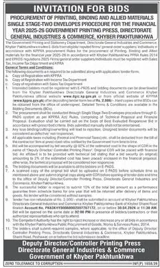 Newspaper clipping: Printing & Binding Materials Tender in Khyber Pakhtunkhwa, Dawn, 16 Apr 2026