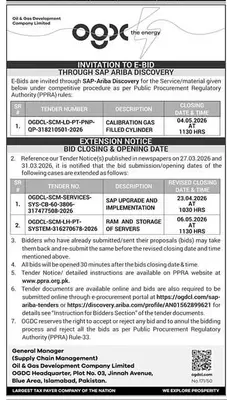 Newspaper clipping: OGDCL Tender Notice for E-Bids and Date Extension, Express, 16 Apr 2026