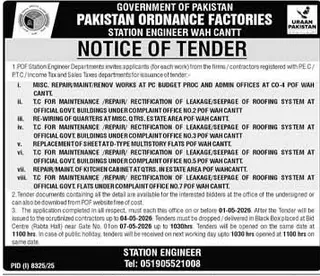 Newspaper clipping: POF Wah Cantt Tender Notice for Repair & Maintenance Works, Express, 16 Apr 2026