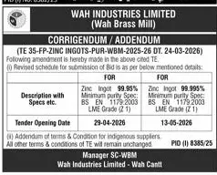 Newspaper clipping: Wah Industries Tender Corrigendum for Zinc Ingots, Express, 16 Apr 2026
