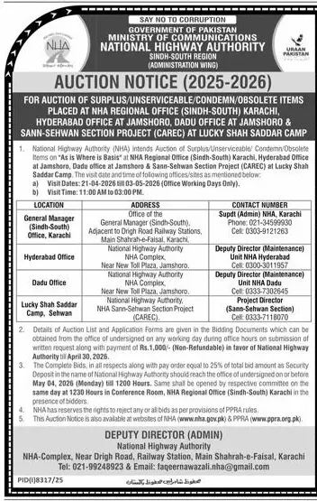 Newspaper clipping: NHA Auction Notice 2026 for Surplus Items in Sindh, Express, 16 Apr 2026