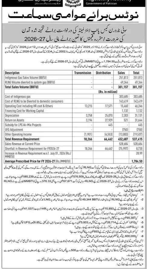 Newspaper clipping: OGRA Public Hearing for SNGPL Gas Prices FY 2026-27, Express, 16 Apr 2026