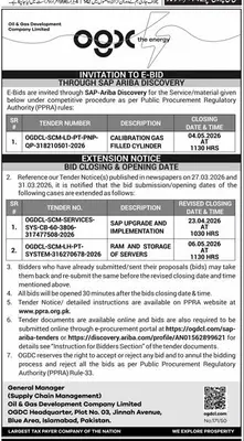 Newspaper clipping: OGDCL Tender Notice for Supplies and Services, Express, 16 Apr 2026