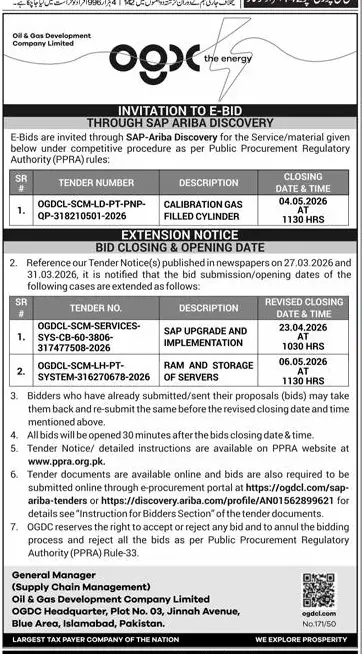Newspaper clipping: OGDCL Tender Notice for Supplies and Services, Express, 16 Apr 2026