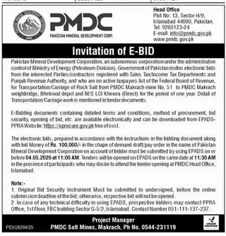 Newspaper clipping: PMDC E-Bid for Rock Salt Transportation Contract, Express, 16 Apr 2026