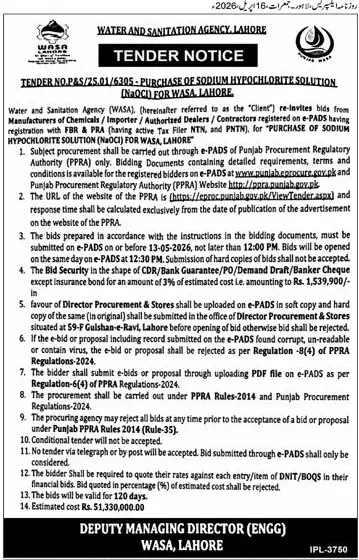 Newspaper clipping: WASA Lahore Tender for Sodium Hypochlorite Solution Purchase, Express, 16 Apr 2026