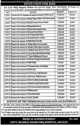 Newspaper clipping: DHQ Hospital Multan Tender for Medical & General Supplies 2026, Express, 16 Apr 2026