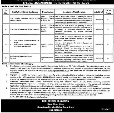 Newspaper clipping: Special Education Department Kot Addu Jobs 2026, Express, 16 Apr 2026
