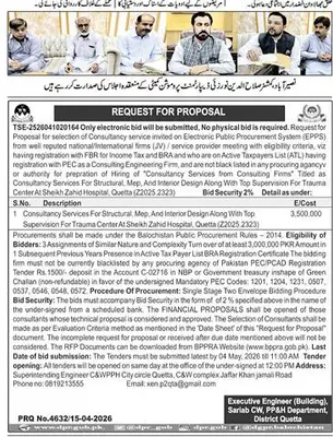 Newspaper clipping: Consultancy Services Tender for Trauma Center Quetta, Express, 16 Apr 2026
