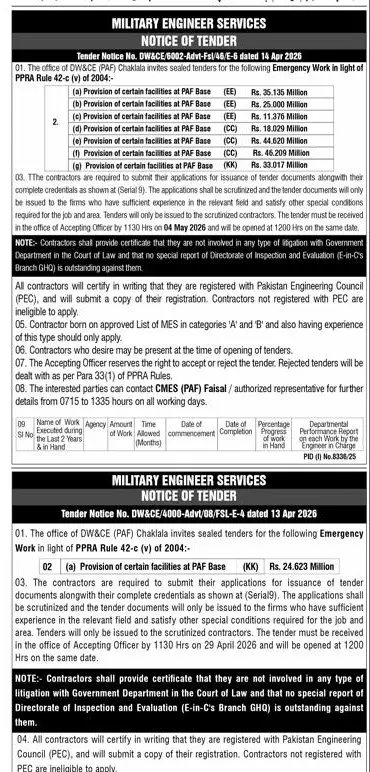 Newspaper clipping: Military Engineer Services Tender for Emergency Work PAF Chaklala, Express, 16 Apr 2026