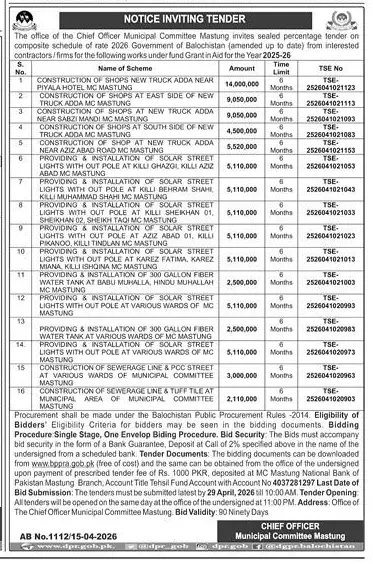 Newspaper clipping: Tender for Works under Grant in Aid - Municipal Committee Mastung, Express, 16 Apr 2026