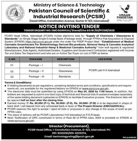 Newspaper clipping: PCSIR Tender for Chemicals, Glasswares & Standards, Express, 16 Apr 2026