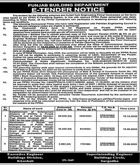 Newspaper clipping: Punjab Building Department E-Tender Notice, Express, 16 Apr 2026