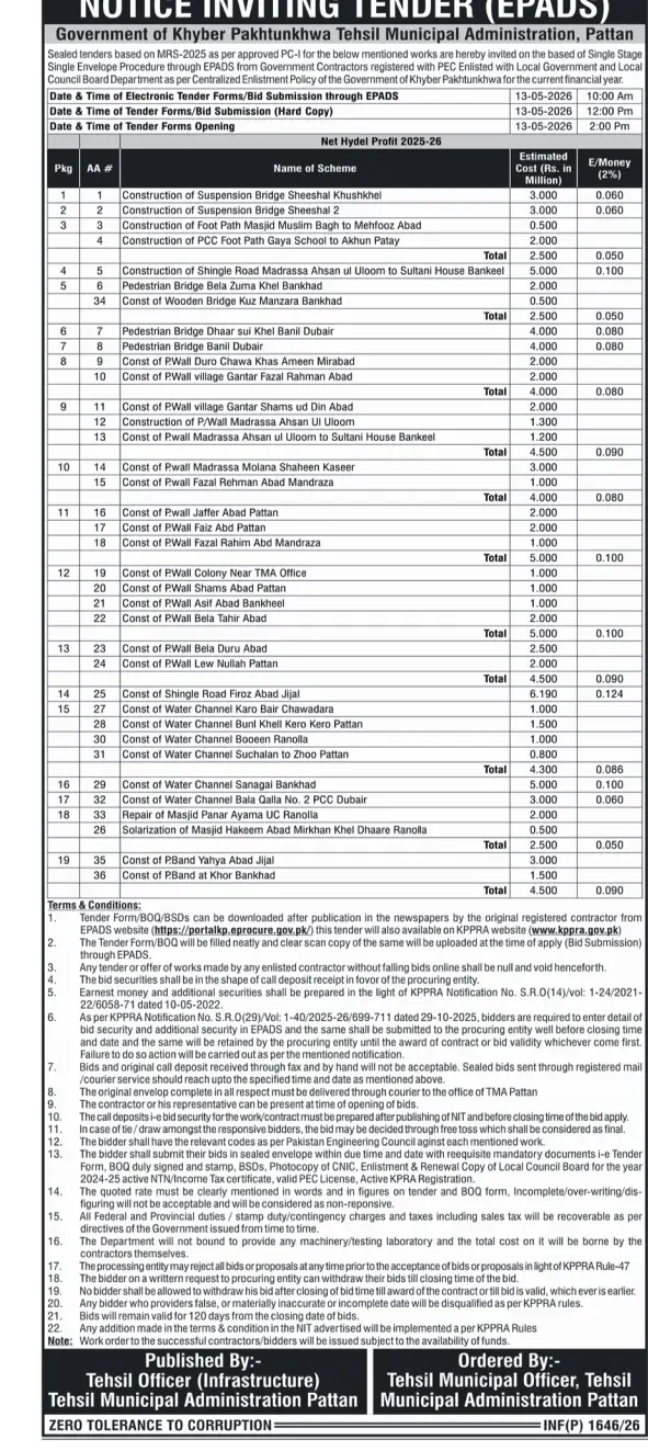 Newspaper clipping: Tender for Construction and Repair Works - TMA Pattan, Nawa-i-Waqt, 16 Apr 2026