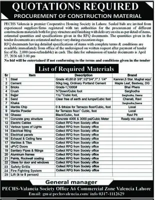 Newspaper clipping: Construction Material Procurement Tender - PECHS Valencia, Nawa-i-Waqt, 16 Apr 2026