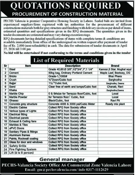 Newspaper clipping: Construction Material Procurement Tender - PECHS Valencia, Nawa-i-Waqt, 16 Apr 2026