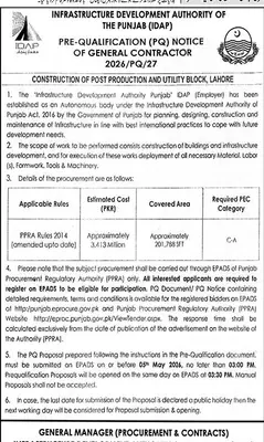 Newspaper clipping: Pre-Qualification Notice for General Contractor - IDAP Lahore, Nawa-i-Waqt, 16 Apr 2026