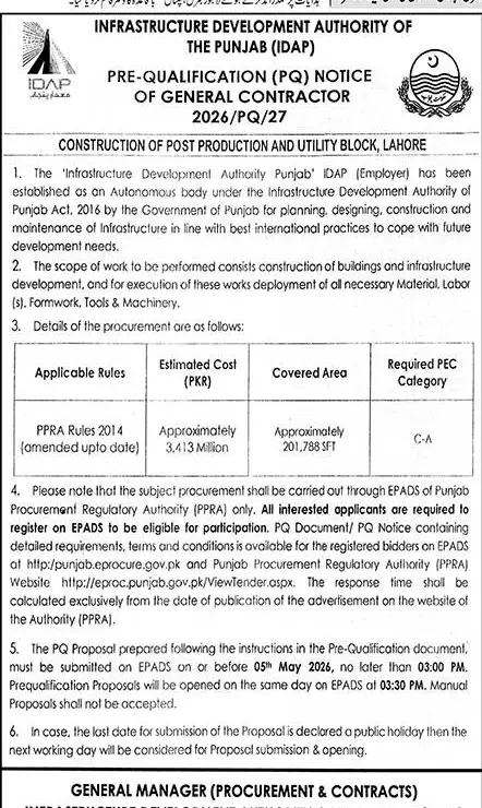 Newspaper clipping: Pre-Qualification Notice for General Contractor - IDAP Lahore, Nawa-i-Waqt, 16 Apr 2026
