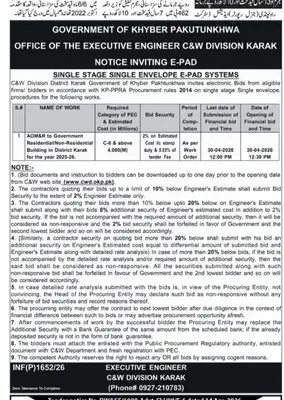 Newspaper clipping: E-PAD Systems Tender - C&W Division Karak, Nawa-i-Waqt, 16 Apr 2026