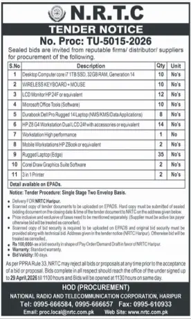 Newspaper clipping: NRTC IT Equipment and Software Procurement Tender, Nawa-i-Waqt, 16 Apr 2026