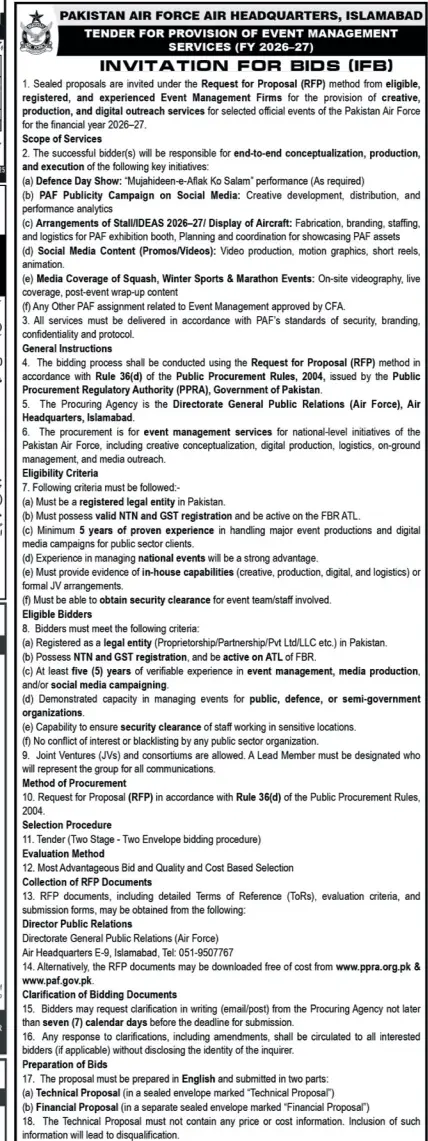 Newspaper clipping: Pakistan Air Force Event Management Services Tender Islamabad, Nawa-i-Waqt, 16 Apr 2026