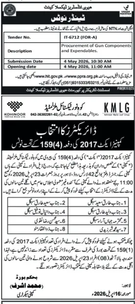 Newspaper clipping: Kohinoor Textile Mills Directors Election Notice, Nawa-i-Waqt, 16 Apr 2026