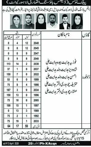 Newspaper clipping: DHA Lahore Cantt Land Sale Public Notice Dalo Khurd, Nawa-i-Waqt, 16 Apr 2026
