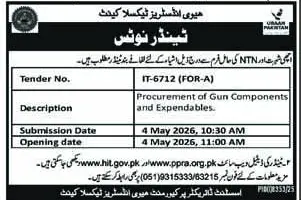Newspaper clipping: Heavy Industries Taxila Gun Components Tender, Nawa-i-Waqt, 16 Apr 2026