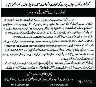 Newspaper clipping: Security Services Tender - Post Graduate Institute Faisalabad, Nawa-i-Waqt, 16 Apr 2026