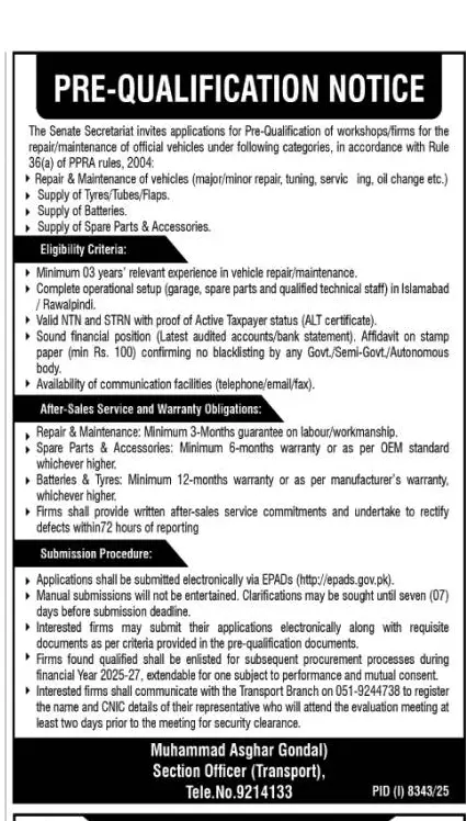 Newspaper clipping: Pre-Qualification Notice for Vehicle Maintenance - Senate Secretariat, The Nation, 16 Apr 2026