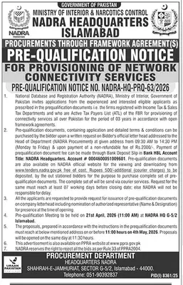 Newspaper clipping: NADRA Pre-Qualification for Network Connectivity Services, The News International, 16 Apr 2026