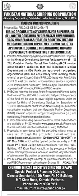 Newspaper clipping: Consultancy Services for Container Feeder Vessel New Building, The News International, 16 Apr 2026