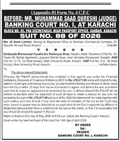 Newspaper clipping: Banking Court Summons - JS Bank vs Sahibzada Muhammad Huzaifa, The News International, 16 Apr 2026
