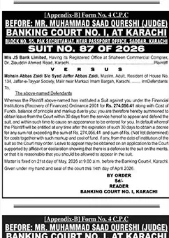 Newspaper clipping: Banking Court Summons - JS Bank vs Mohsin Abbas Zaidi, The News International, 16 Apr 2026