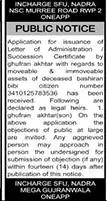 Newspaper clipping: Public Notice: Succession Certificate for Bashiran Bibi's Assets, The News International, 16 Apr 2026