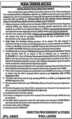 Newspaper clipping: WASA Lahore Tender for Ground Water Recharge Wells, The News International, 16 Apr 2026