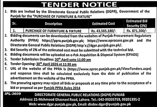 Newspaper clipping: Tender for Purchase of Furniture & Fixture - DGPR Punjab, The News International, 16 Apr 2026