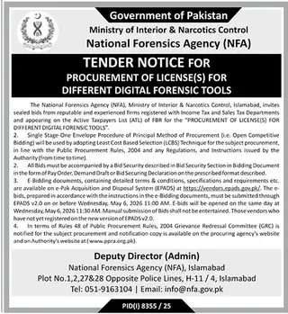 Newspaper clipping: Tender for Digital Forensic Tools License - NFA Islamabad, The News International, 16 Apr 2026