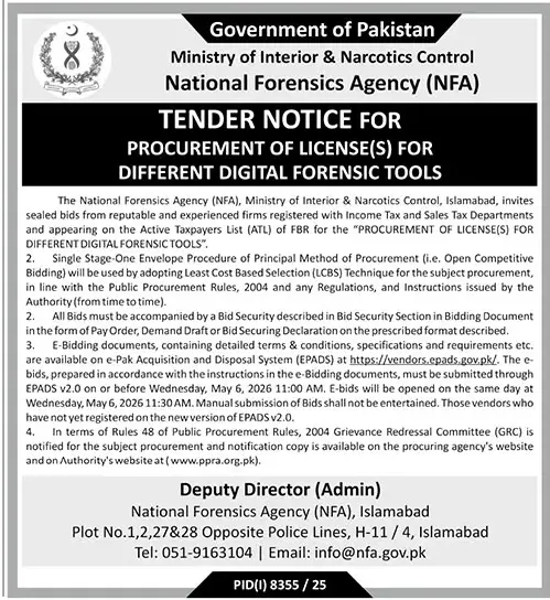 Newspaper clipping: Tender for Digital Forensic Tools License - NFA Islamabad, The News International, 16 Apr 2026