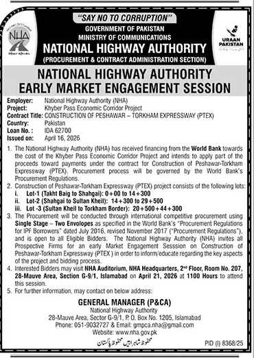 Newspaper clipping: NHA Early Market Engagement Session - Peshawar Torkham Expressway, The News International, 16 Apr 2026