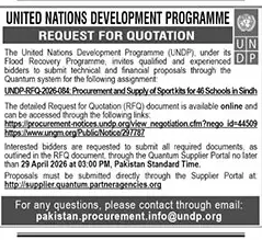 Newspaper clipping: UNDP RFQ: Sport Kits for 46 Schools in Sindh, The News International, 16 Apr 2026