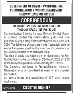 Newspaper clipping: Pre-Qualification Corrigendum - C&W Highway Division Khyber, The News International, 16 Apr 2026