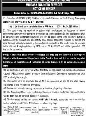 Newspaper clipping: Military Engineer Services Tender for Facilities at PAF Base Chaklala, The News International, 16 Apr 2026