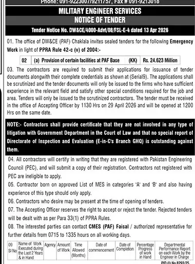 Newspaper clipping: Military Engineer Services Tender for Facilities at PAF Base Chaklala, The News International, 16 Apr 2026