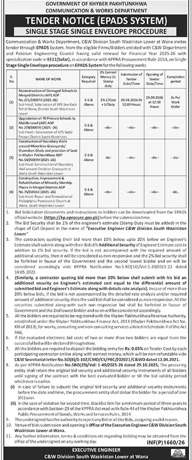 Newspaper clipping: Tender Notice - C&W Division South Waziristan Lower, The News International, 16 Apr 2026