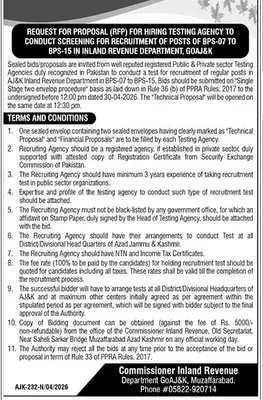 Newspaper clipping: RFP for Testing Agency - AJK Inland Revenue Department, The News International, Thursday, 16 April 2026