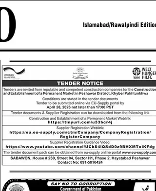 Newspaper clipping: Tender for Permanent Market Construction in Peshawar, The News International, Thursday, 16 April 2026