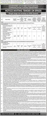 Newspaper clipping: C&W Highway Division Abbottabad — Tender Invitation on ePADS for NA-16 & NA-17 Road Works (Single-Stage Two-Envelope), Daily Aaj, 12 Jul 2026