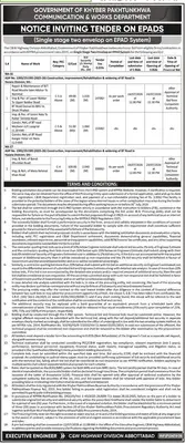 Newspaper clipping: Khyber Pakhtunkhwa C&W Highway Division Abbottabad — Tender Notice for BT Road Improvement (e-PAADS), Daily Aaj, 13 Jul 2026